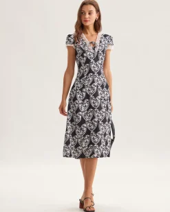 Black Floral Lace Trim Midi Dress