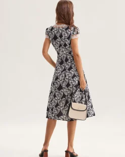 Black Floral Lace Trim Midi Dress