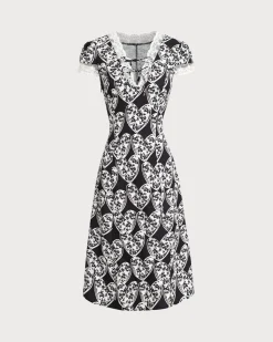Black Floral Lace Trim Midi Dress