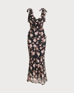 Black Floral Ruffle Sleeveless Maxi Dress