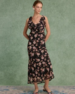 Black Floral Ruffle Sleeveless Maxi Dress