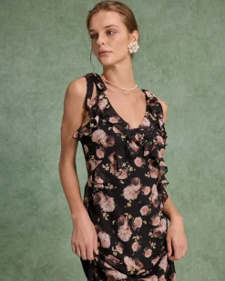Black Floral Ruffle Sleeveless Maxi Dress