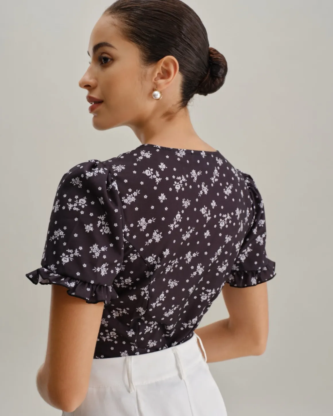 Black Floral Scoop Neck Blouse