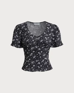 Black Floral Scoop Neck Blouse
