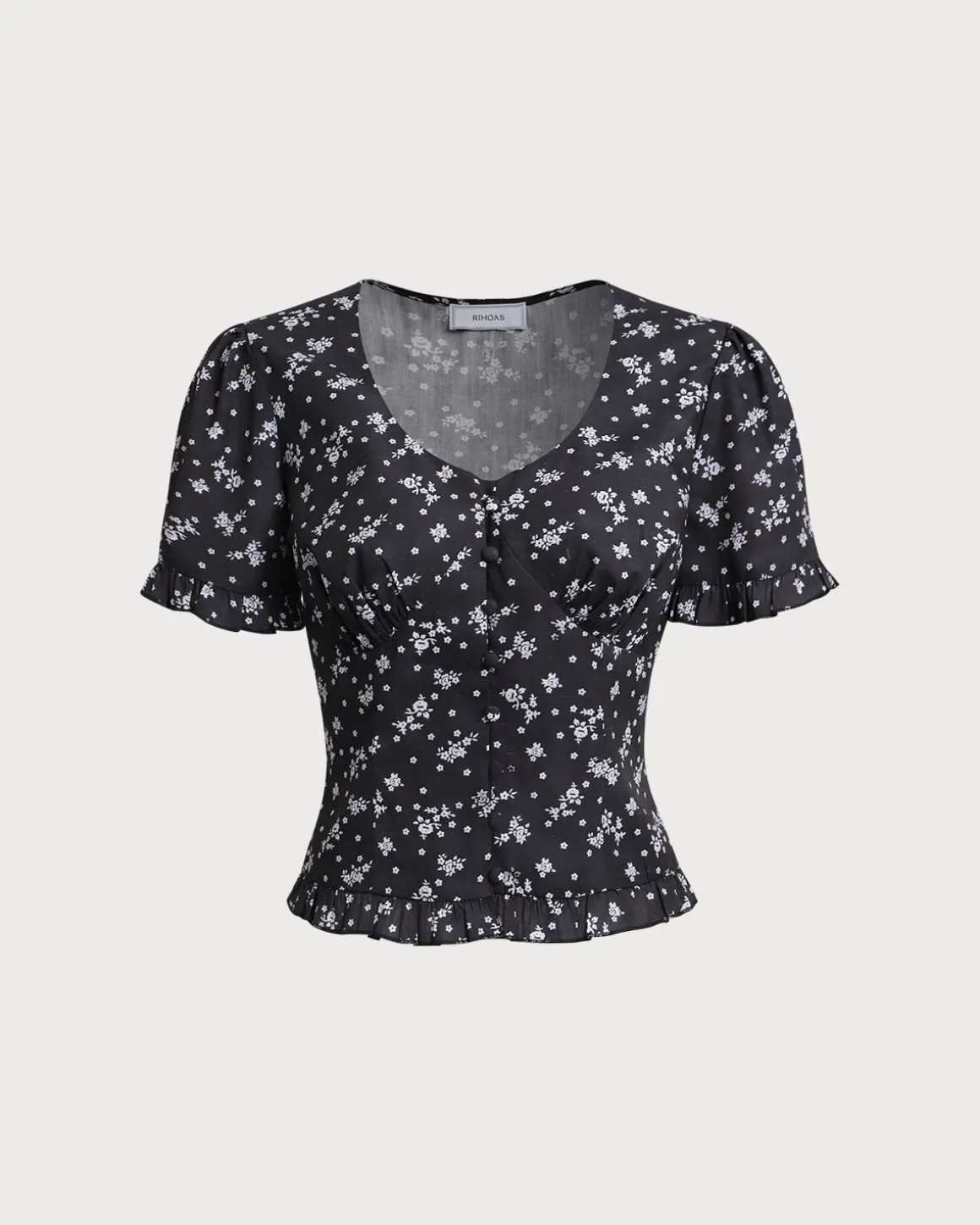 Black Floral Scoop Neck Blouse