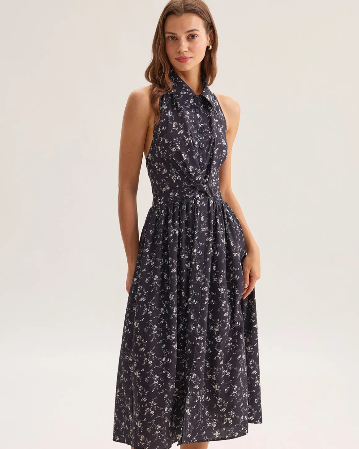 Black Floral Shirred Backless Midi Dress