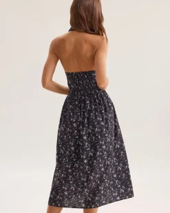 Black Floral Shirred Backless Midi Dress