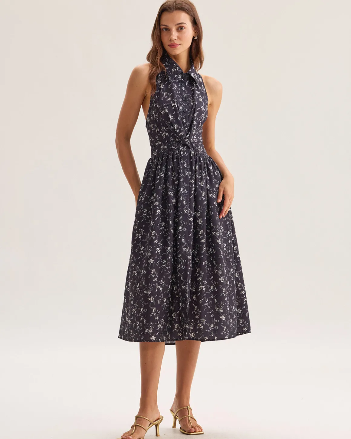 Black Floral Shirred Backless Midi Dress