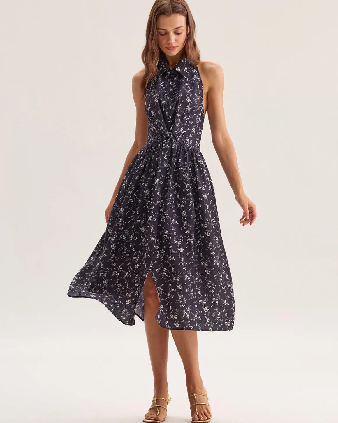 Black Floral Shirred Backless Midi Dress