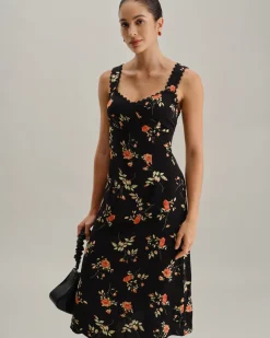 Black Floral Shirred Slip Maxi Dress