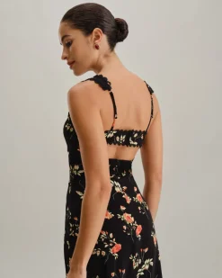 Black Floral Shirred Slip Maxi Dress