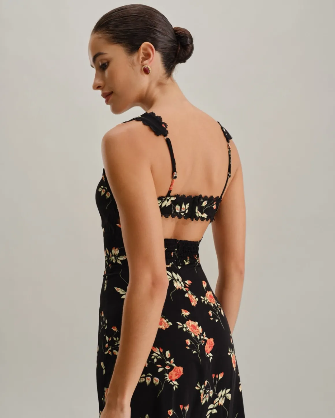 Black Floral Shirred Slip Maxi Dress