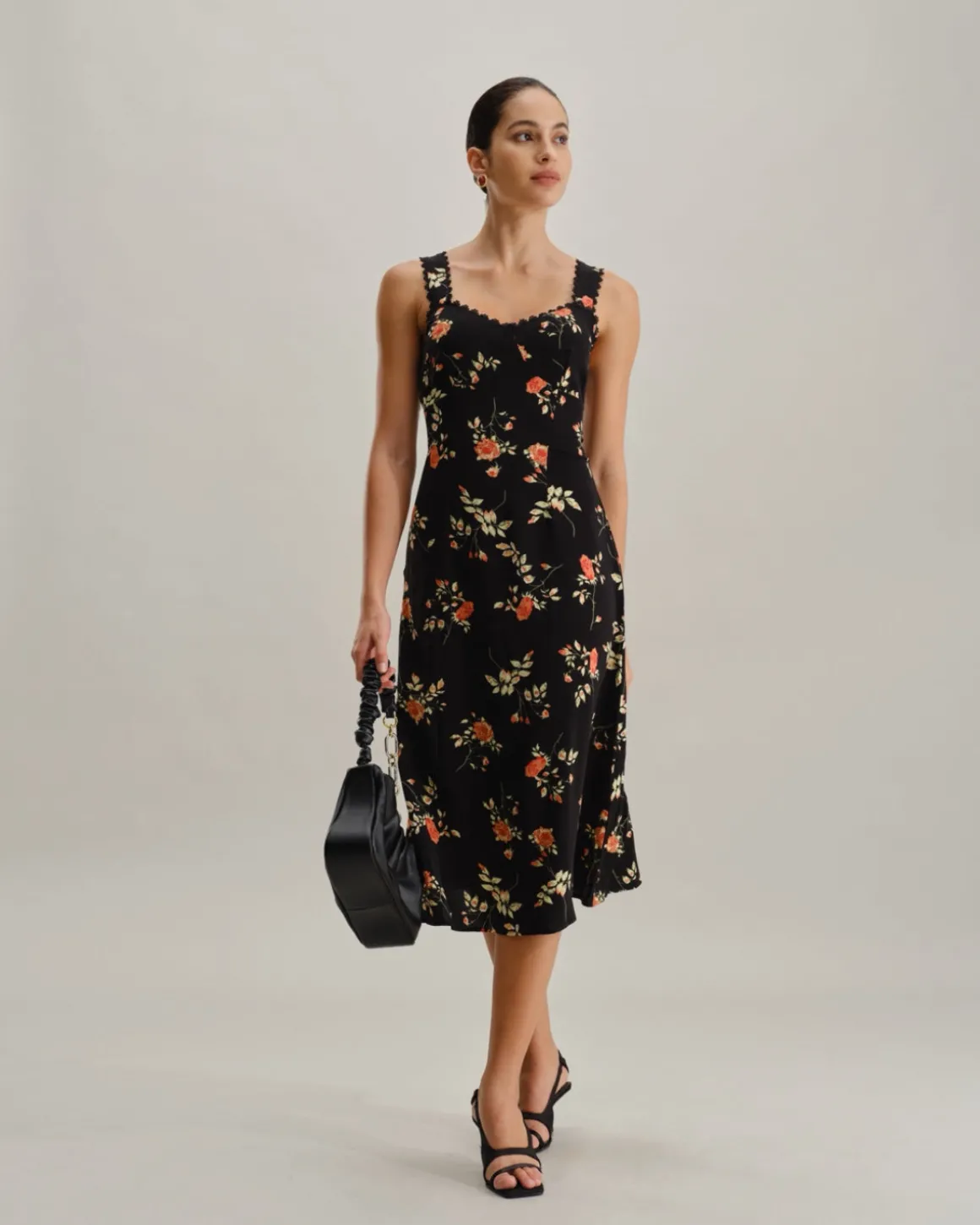 Black Floral Shirred Slip Maxi Dress