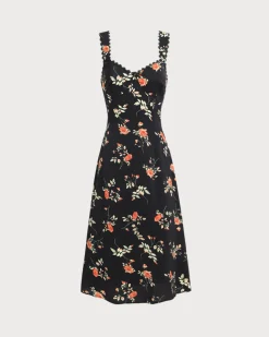 Black Floral Shirred Slip Maxi Dress