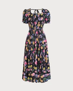 Black Floral Square Neck Shirred Maxi Dress