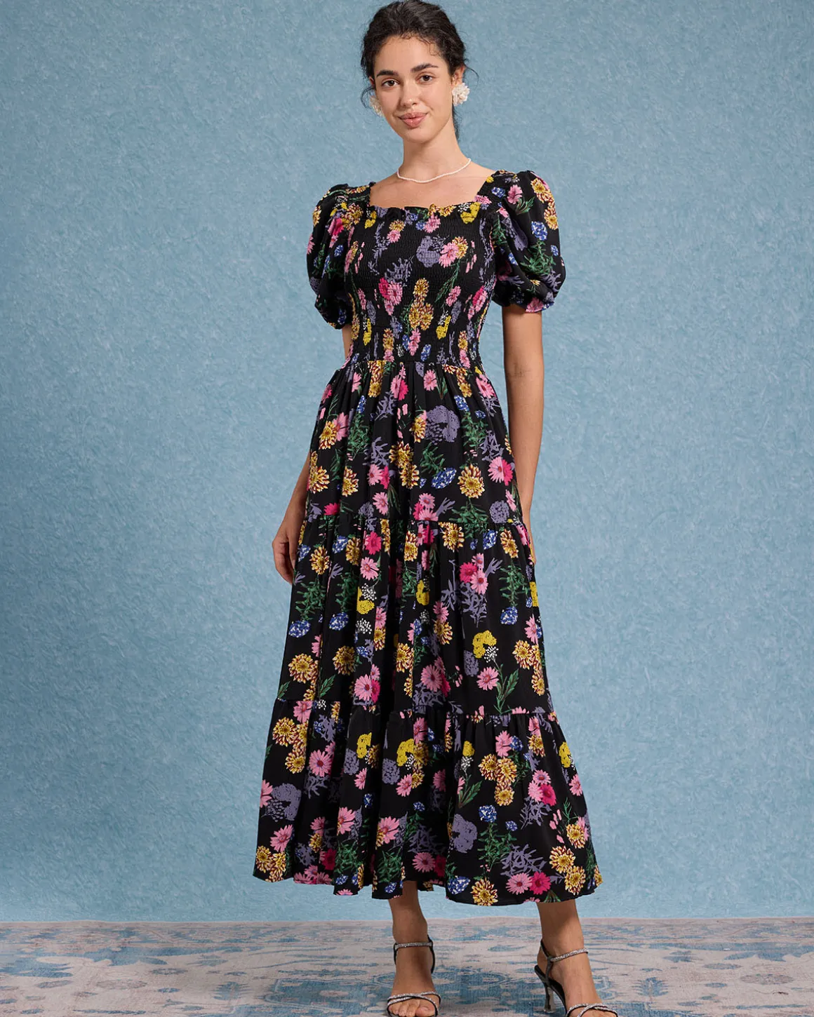 Black Floral Square Neck Shirred Maxi Dress