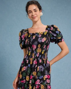 Black Floral Square Neck Shirred Maxi Dress