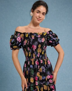 Black Floral Square Neck Shirred Maxi Dress