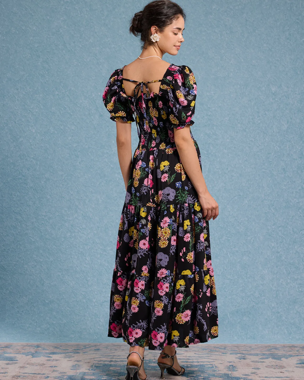 Black Floral Square Neck Shirred Maxi Dress