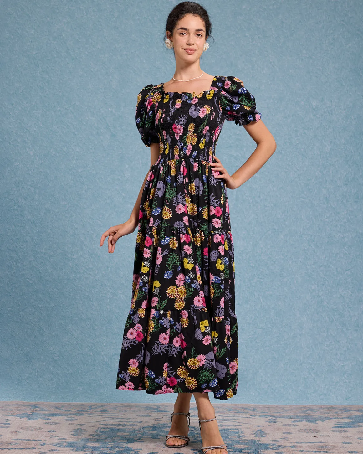 Black Floral Square Neck Shirred Maxi Dress