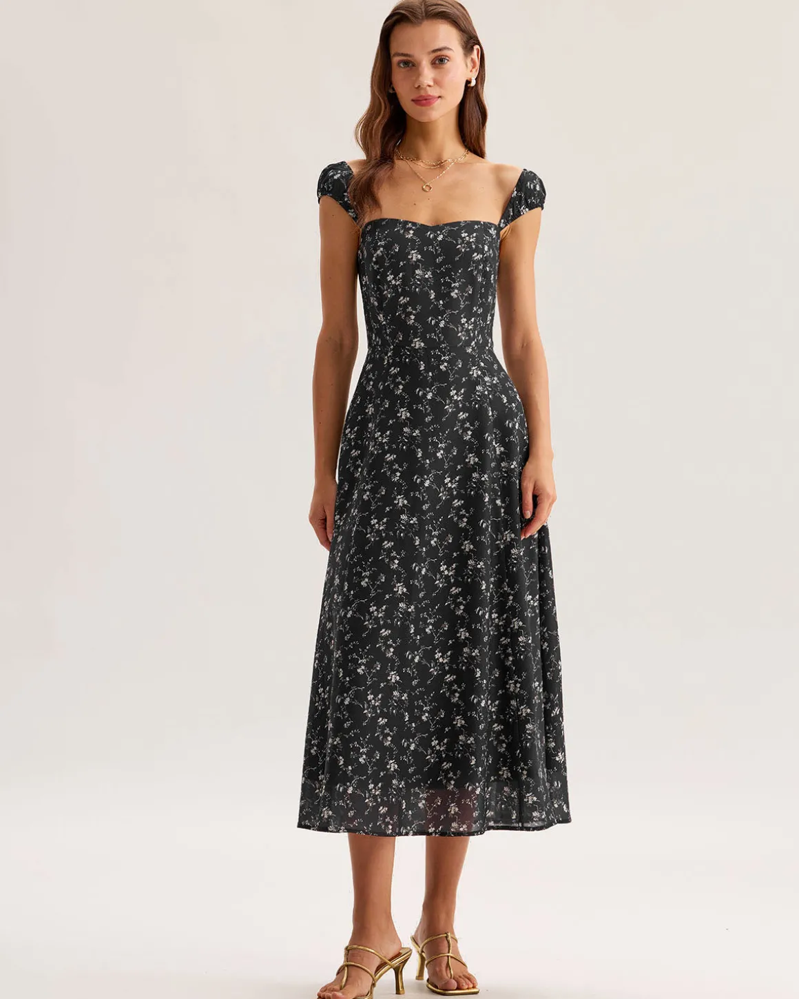 Black Floral Sweetheart Neck Midi Dress