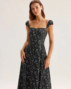 Black Floral Sweetheart Neck Midi Dress