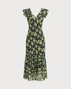 Black Floral V Neck Ruffle Midi Dress