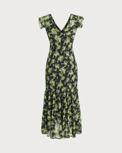 Black Floral V Neck Ruffle Midi Dress