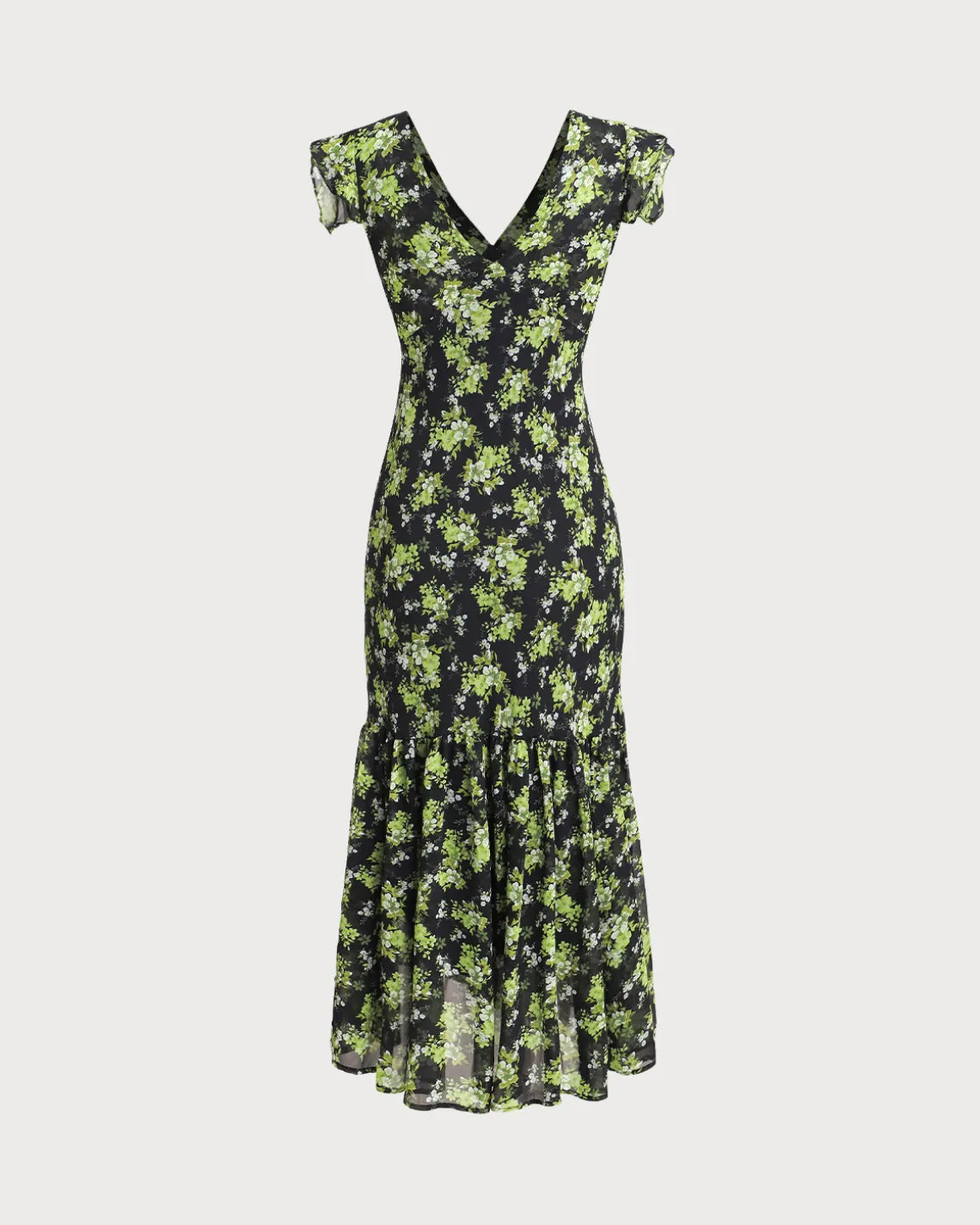 Black Floral V Neck Ruffle Midi Dress