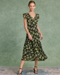 Black Floral V Neck Ruffle Midi Dress