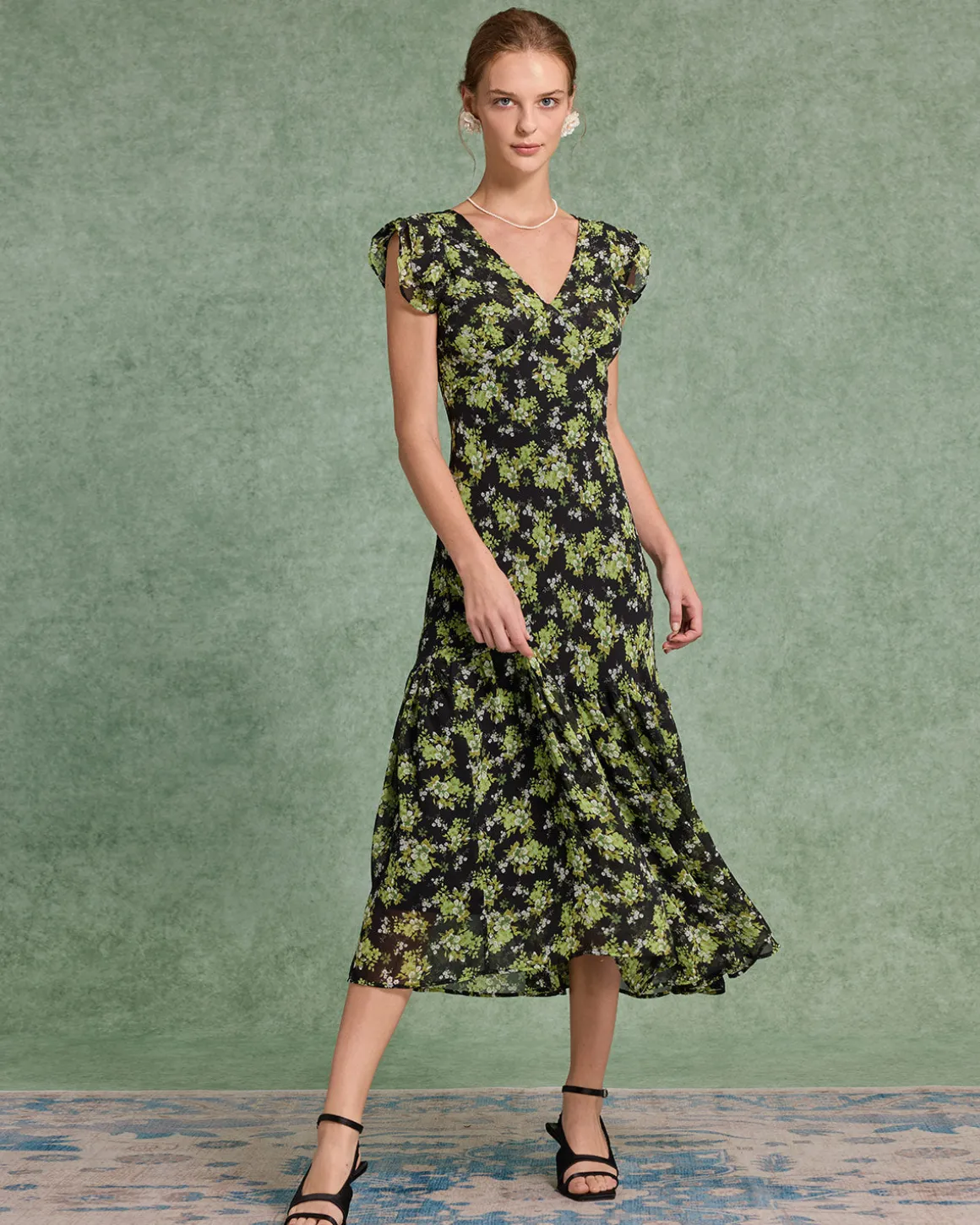 Black Floral V Neck Ruffle Midi Dress