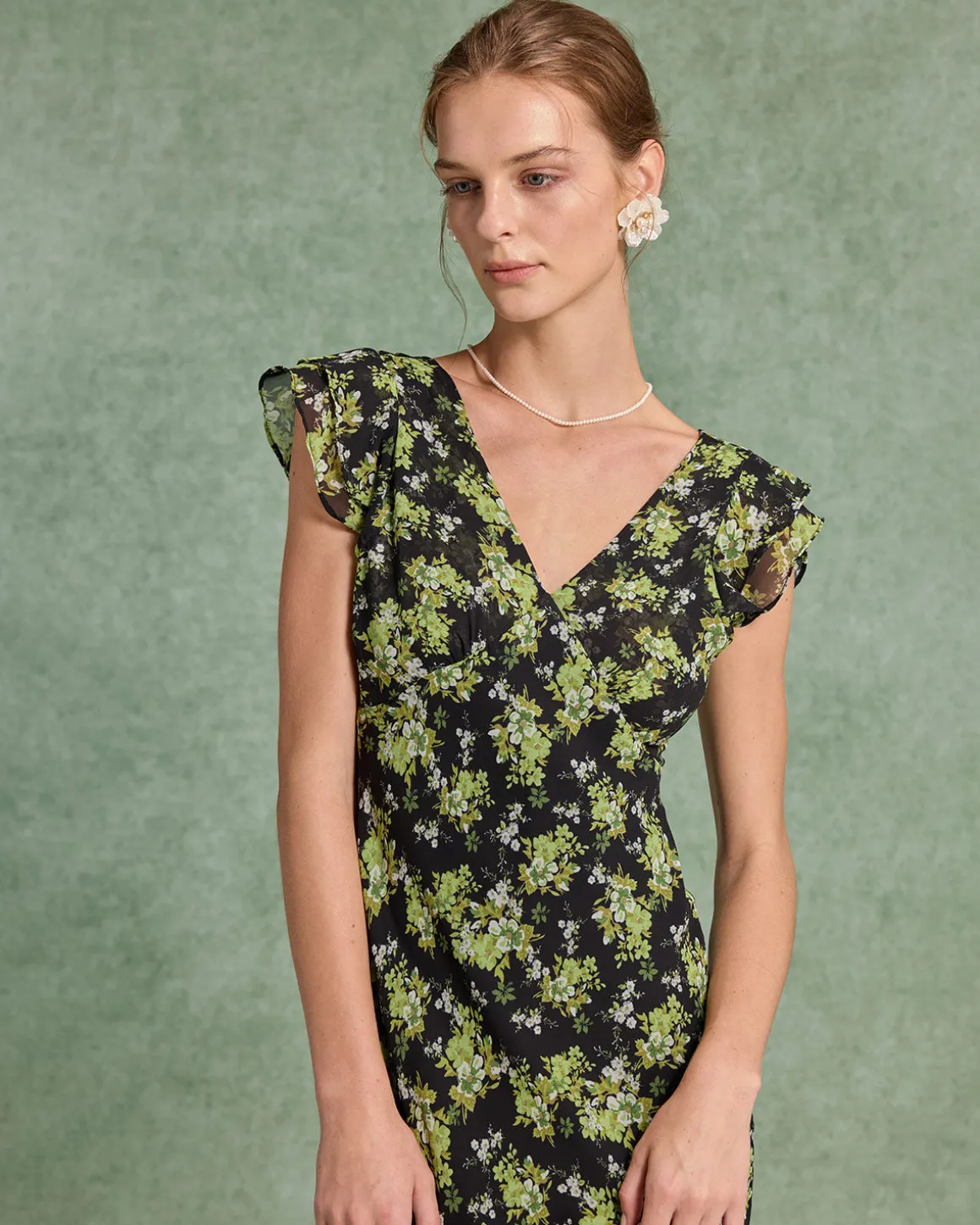 Black Floral V Neck Ruffle Midi Dress