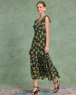 Black Floral V Neck Ruffle Midi Dress