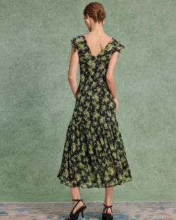 Black Floral V Neck Ruffle Midi Dress