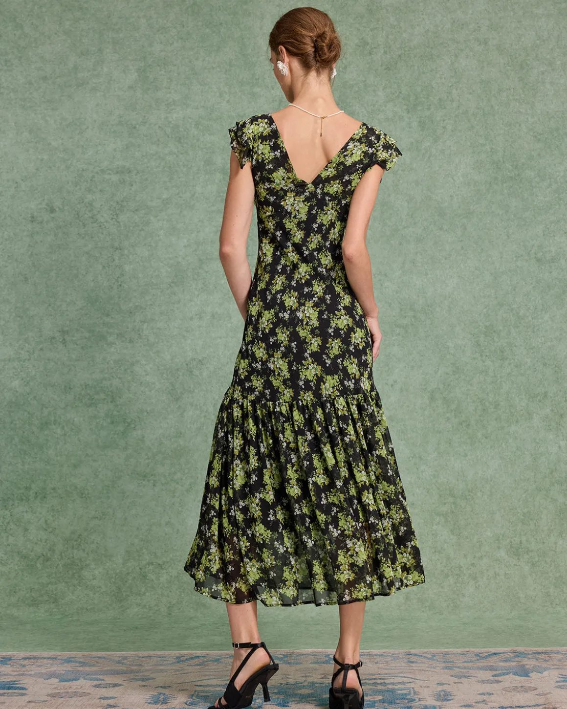 Black Floral V Neck Ruffle Midi Dress