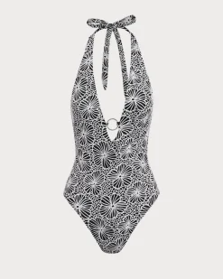 Black Floral V-Neck One-Piece Swimsuit