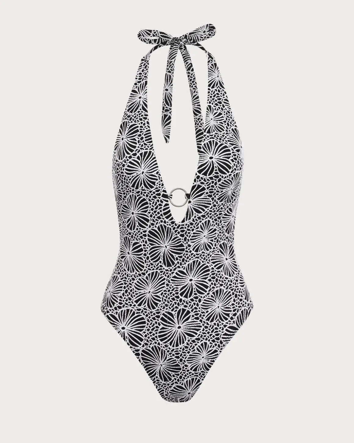 Black Floral V-Neck One-Piece Swimsuit