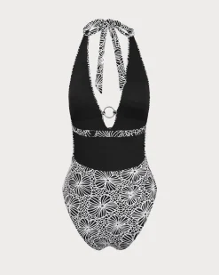 Black Floral V-Neck One-Piece Swimsuit