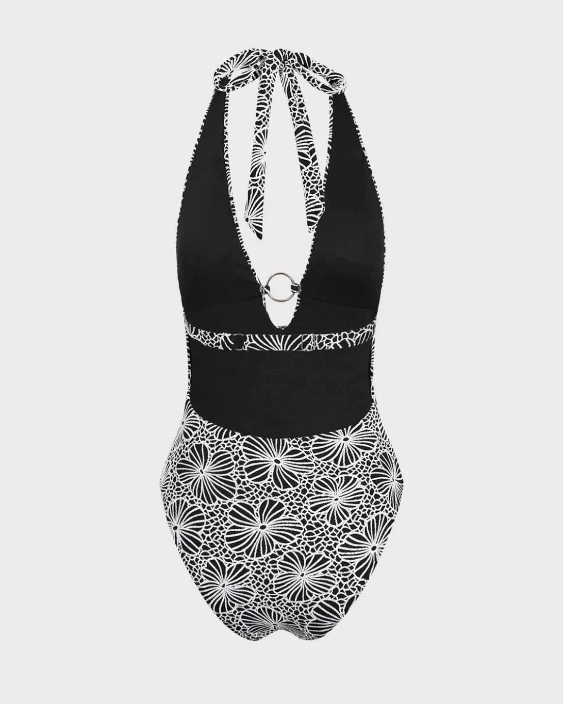 Black Floral V-Neck One-Piece Swimsuit