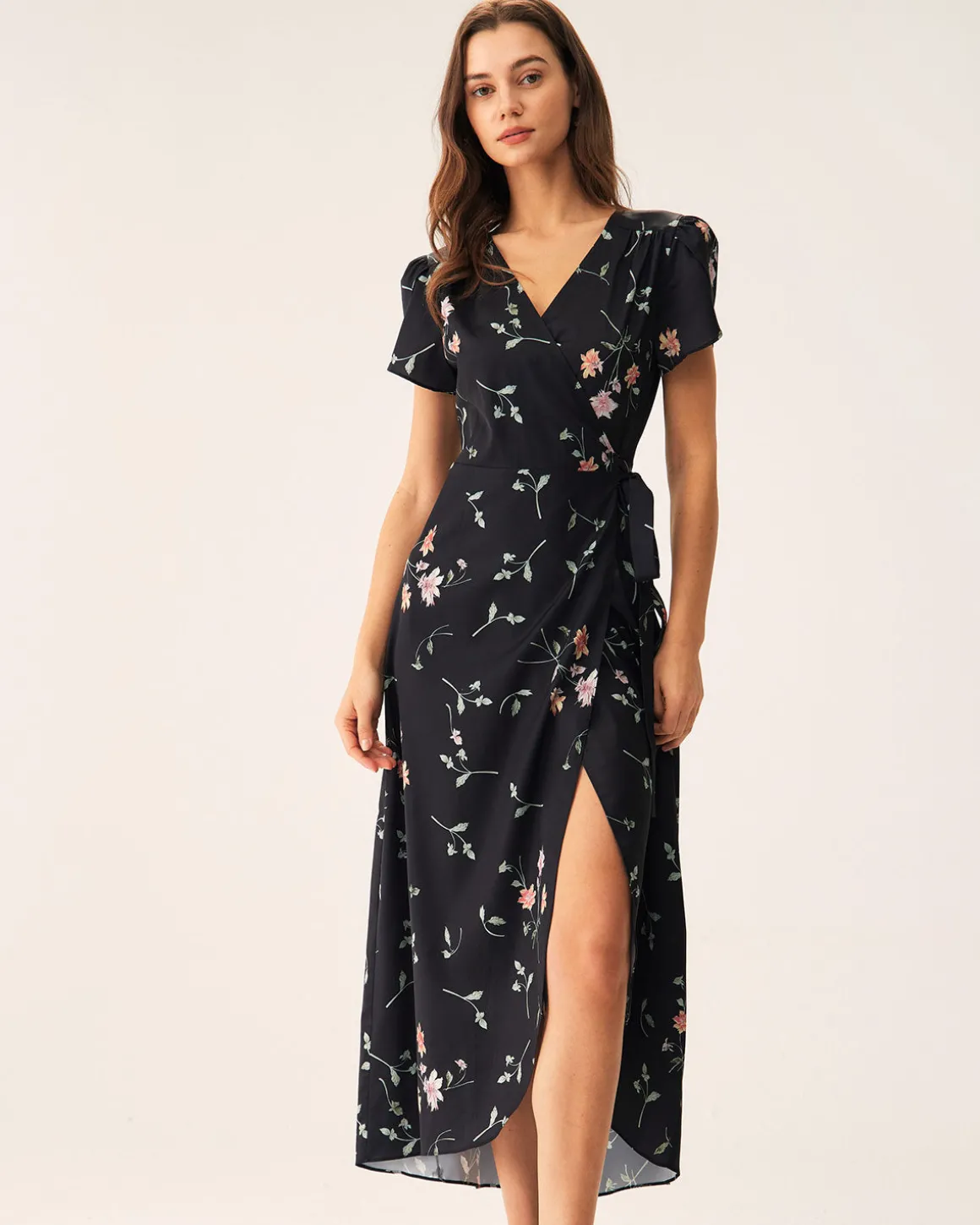 Black Floral Wrap Maxi Dress