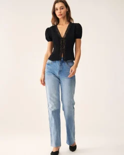 Black Jacquard Lace Button Blouse