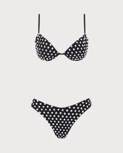 Black Jacquard Polka Dot Bikini Set