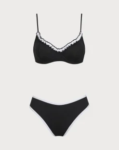 Black Knit Contrast Lace Underwire Bikini Set