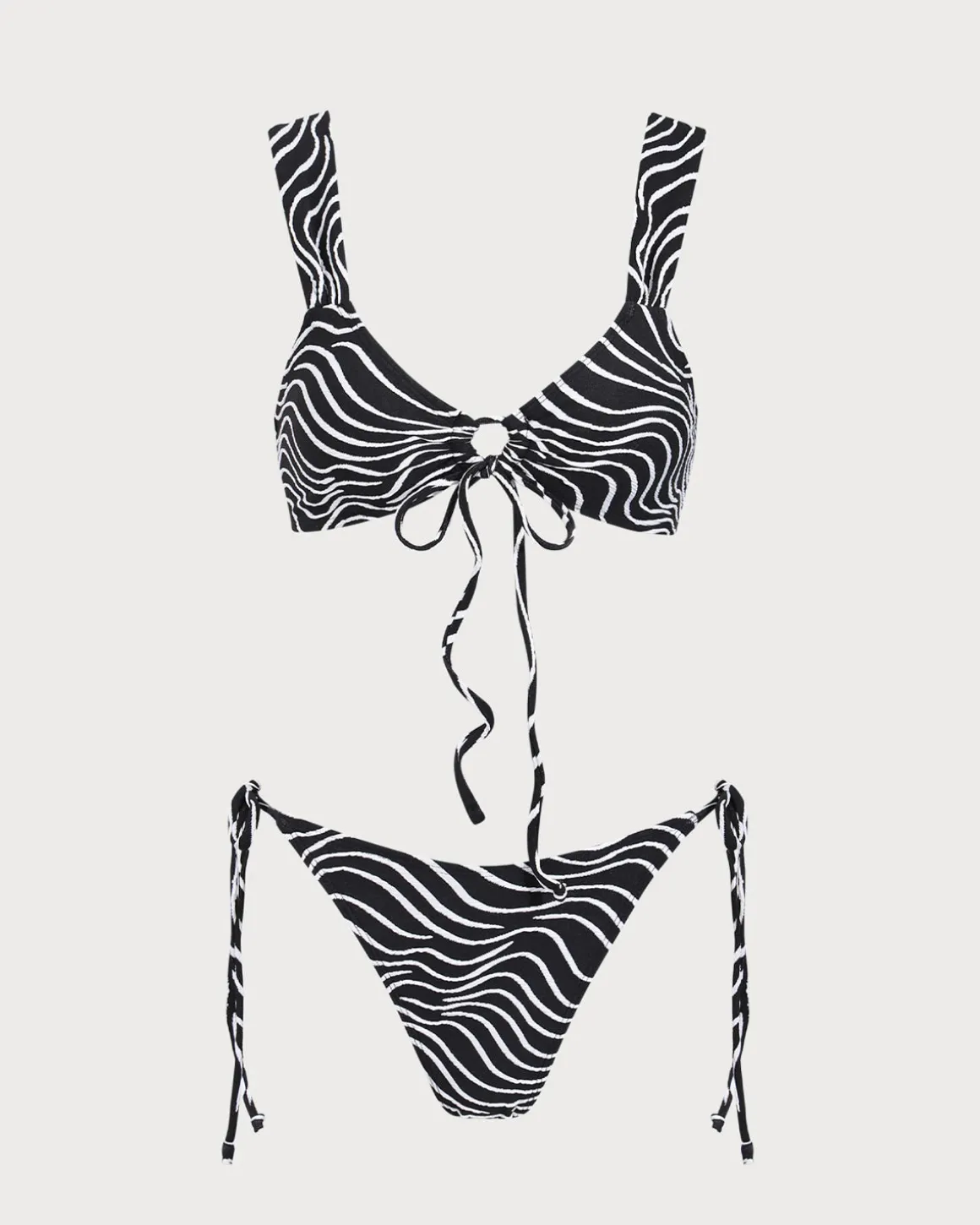 Black Knitted Zebra Print Two-Tone Bikini Set