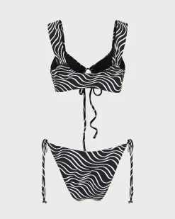 Black Knitted Zebra Print Two-Tone Bikini Set