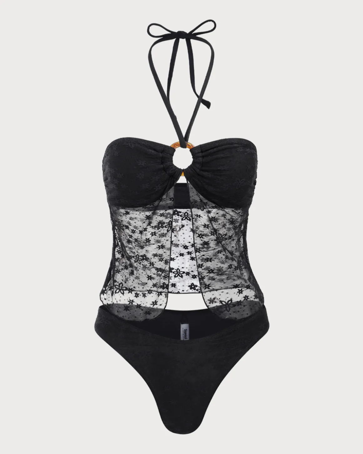 Black Lace Halter Tankini Swimsuit