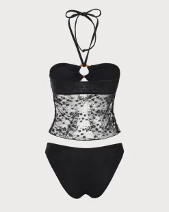 Black Lace Halter Tankini Swimsuit