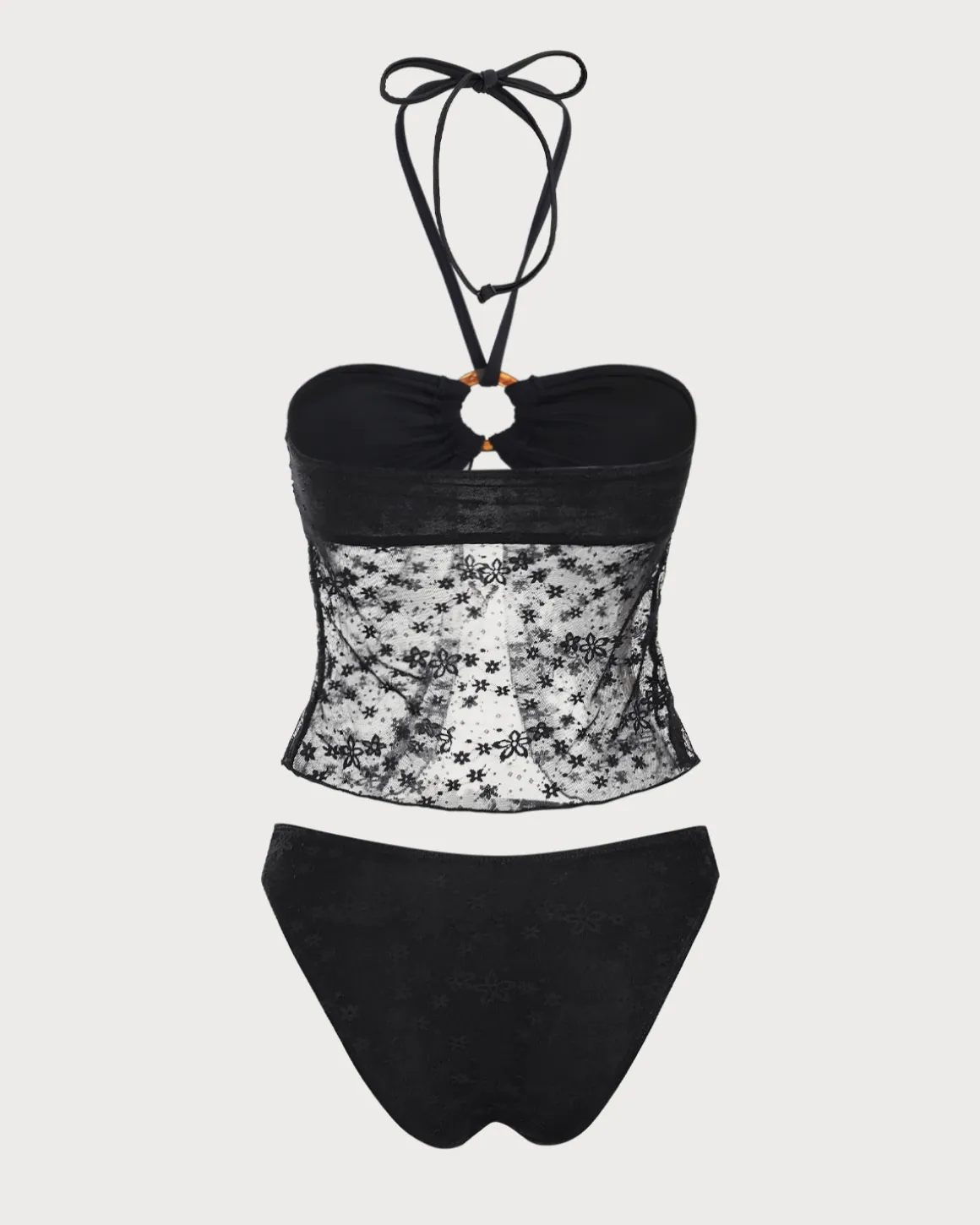 Black Lace Halter Tankini Swimsuit