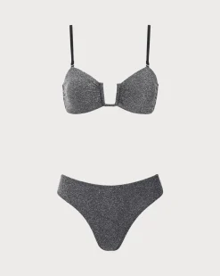 Black Lurex U-Shaped Bikini Set