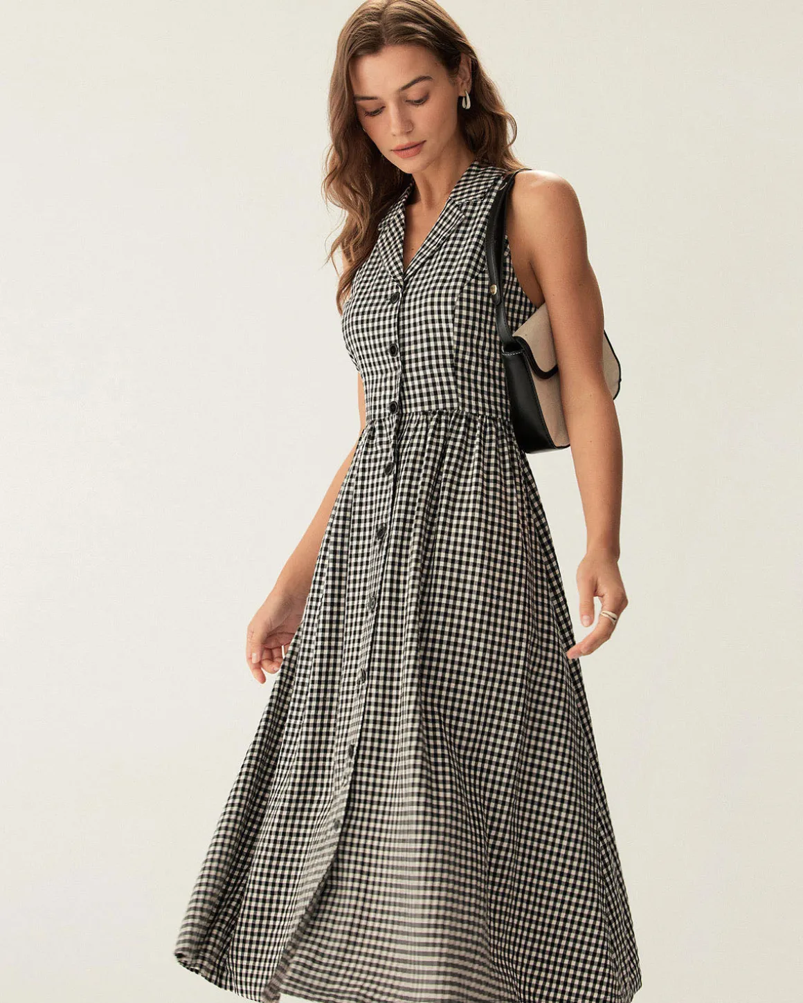 Black Plaid Sleeveless Button Midi Dress